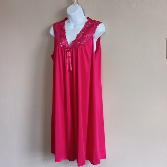 Vanity Fair Fuchsia Lace Trim Chemise Nightgown Slip Dress, Pink, Vintage - Picture 3 of 8